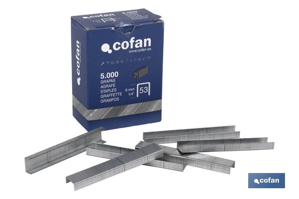 Caja de grapas 5.000 Uds. nº 53 11.5 x Ø 0.60 x 0.75 mm | Con longitudes 6, 8, 10, 12 y 14 mm | Diseñadas para grapado manual - Cofan