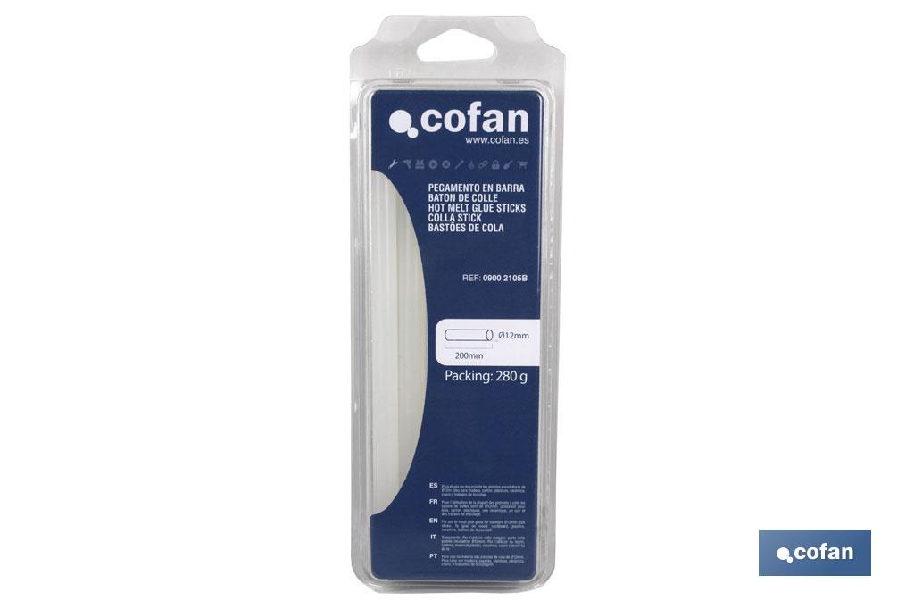 Blister de colle thermofusible en barres de Ø12 et 200 mm de longueur | Couleur transparente en emballage de 280 grammes - Cofan