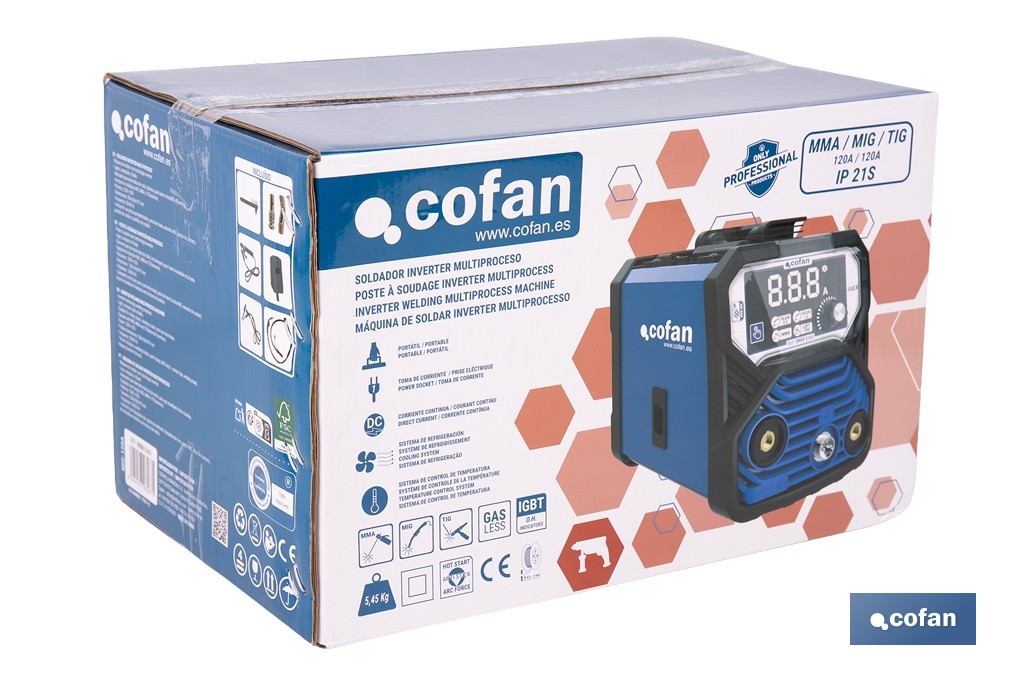 Soldador inverter eléctrico MIG/MMA/TIG de 120 amperios - Cofan