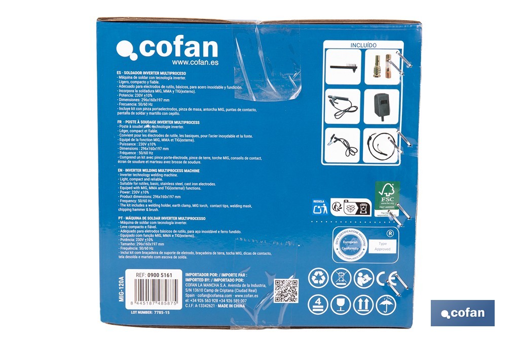 Soldador inverter eléctrico MIG/MMA/TIG de 120 amperios - Cofan