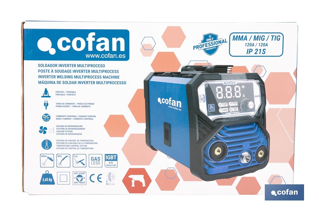 Soldador inverter eléctrico MIG/MMA/TIG de 120 amperios - Cofan