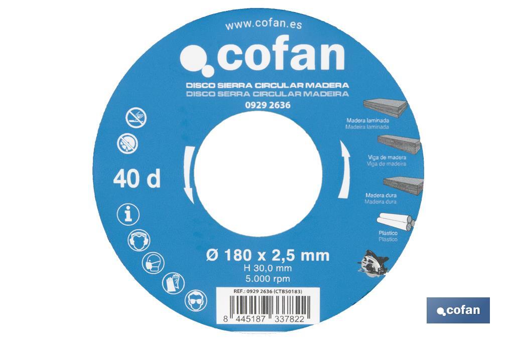 Hoja de sierra circular | Disco de corte para madera | Diferentes números de dientes | Amplia variedad de medidas - Cofan