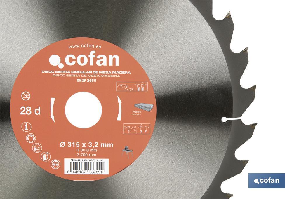 Circular saw blade | Wood cutting disc | Idea for table saws | 28 teeth | Size: 315 x 3.2 x 30mm - Cofan