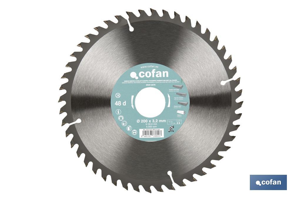 Lame de scie à onglet | Disque de coupe avec des incrustations pour bois | Incrustation de métal dur | Différents nombres de dents et plusieurs dimensions - Cofan