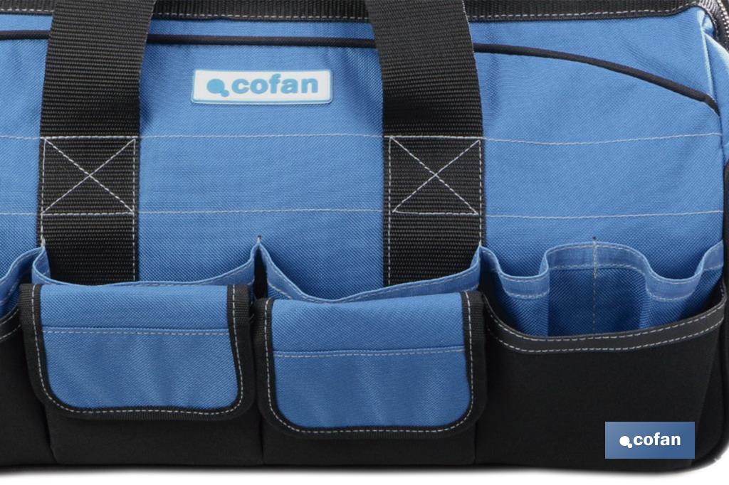 Tool bag with zip fastening and adjustable shoulder strap | 28 external pockets and 14 multipurpose pockets  - Cofan