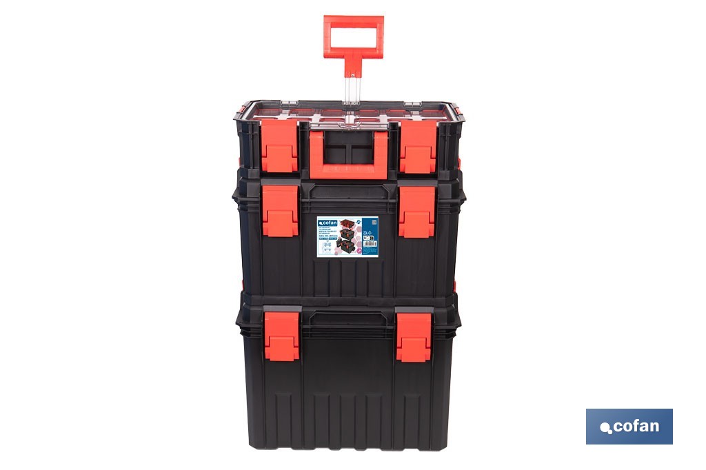 Set modular con 3 cajas de herramientas | Con ruedas, asa telescópica, módulos apilables | Medidas: 53 x 35,5 x 82,5 cm - Cofan