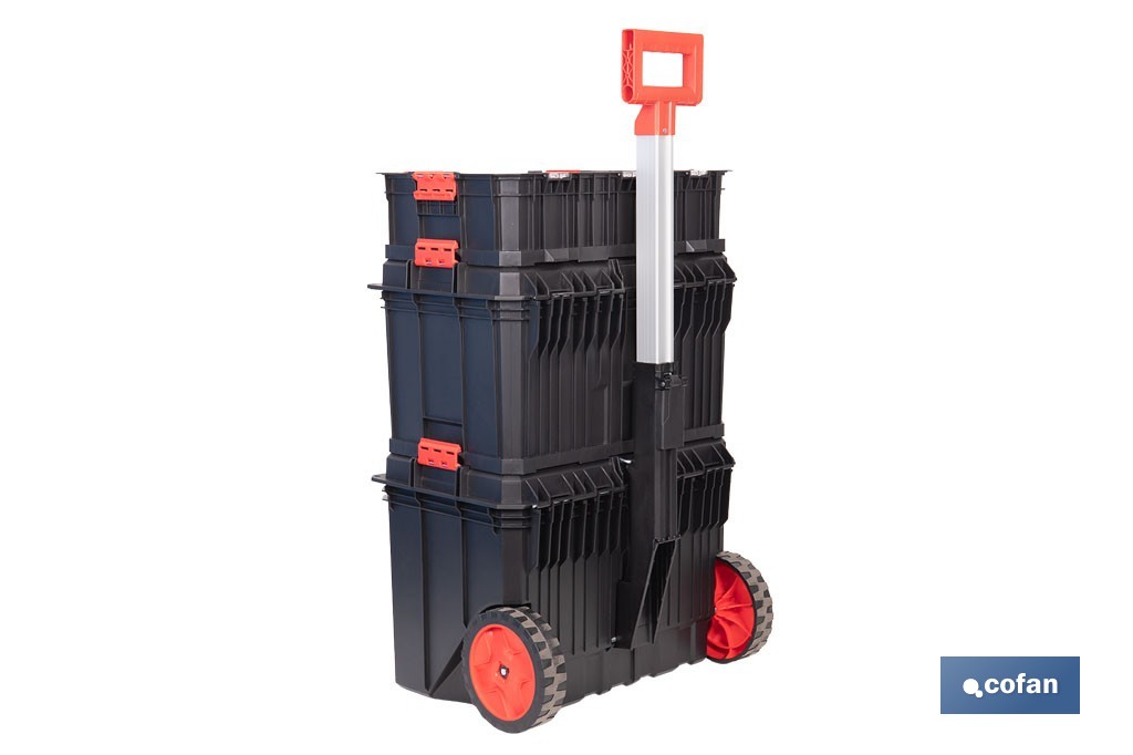 Set modular con 3 cajas de herramientas | Con ruedas, asa telescópica, módulos apilables | Medidas: 53 x 35,5 x 82,5 cm - Cofan