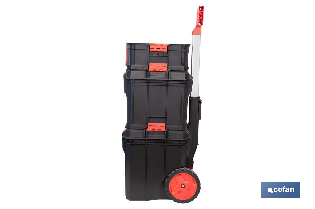 Set modular con 3 cajas de herramientas | Con ruedas, asa telescópica, módulos apilables | Medidas: 53 x 35,5 x 82,5 cm - Cofan