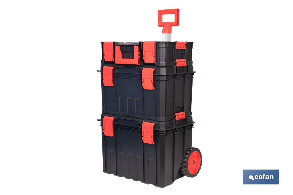 Set modular con 3 cajas de herramientas | Con ruedas, asa telescópica, módulos apilables | Medidas: 53 x 35,5 x 82,5 cm - Cofan