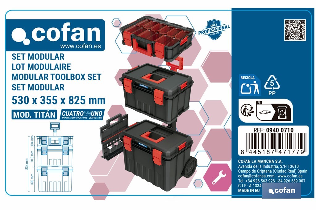 Set modular con 3 cajas de herramientas | Con ruedas, asa telescópica, módulos apilables | Medidas: 53 x 35,5 x 82,5 cm - Cofan
