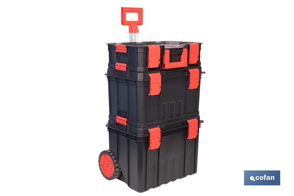 Set modular con 3 cajas de herramientas | Con ruedas, asa telescópica, módulos apilables | Medidas: 53 x 35,5 x 82,5 cm - Cofan
