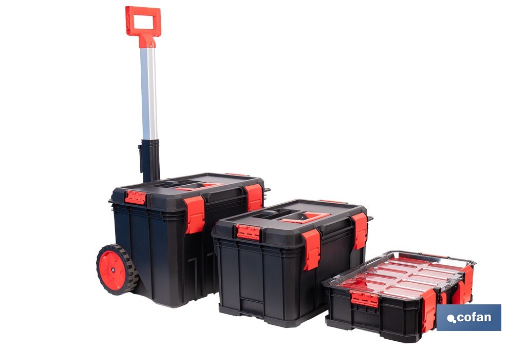 Set modular con 3 cajas de herramientas | Con ruedas, asa telescópica, módulos apilables | Medidas: 53 x 35,5 x 82,5 cm - Cofan