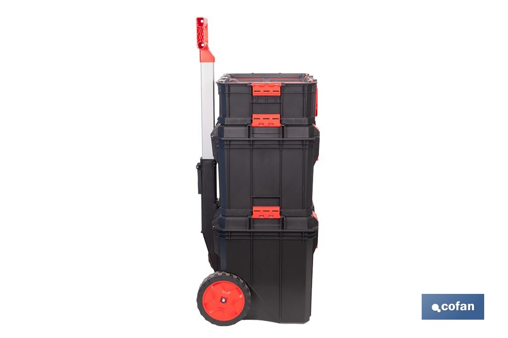 Set modular con 3 cajas de herramientas | Con ruedas, asa telescópica, módulos apilables | Medidas: 53 x 35,5 x 82,5 cm - Cofan