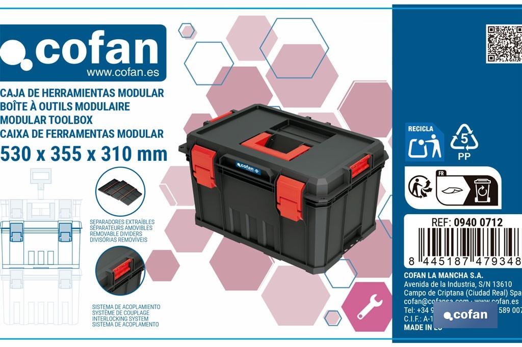 Caja de herramientas modular con separadores removibles y conectores | Capacidad de carga: 50 kg | Compatible con set modular | Medidas: 53 x 35,5 x 31 cm - Cofan