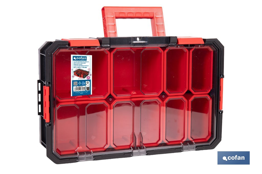 Caja de herramientas modular con organizadores | Tapa de policarbonato | Incluye 8 compartimentos | Capacidad de carga: 20 kg | Compatible con set modular | Medidas: 51,7 x 33,1 x 13,4 cm - Cofan