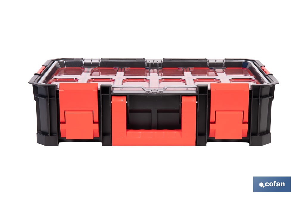 Caja de herramientas modular con organizadores | Tapa de policarbonato | Incluye 8 compartimentos | Capacidad de carga: 20 kg | Compatible con set modular | Medidas: 51,7 x 33,1 x 13,4 cm - Cofan