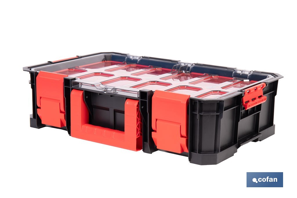 Caja de herramientas modular con organizadores | Tapa de policarbonato | Incluye 8 compartimentos | Capacidad de carga: 20 kg | Compatible con set modular | Medidas: 51,7 x 33,1 x 13,4 cm - Cofan