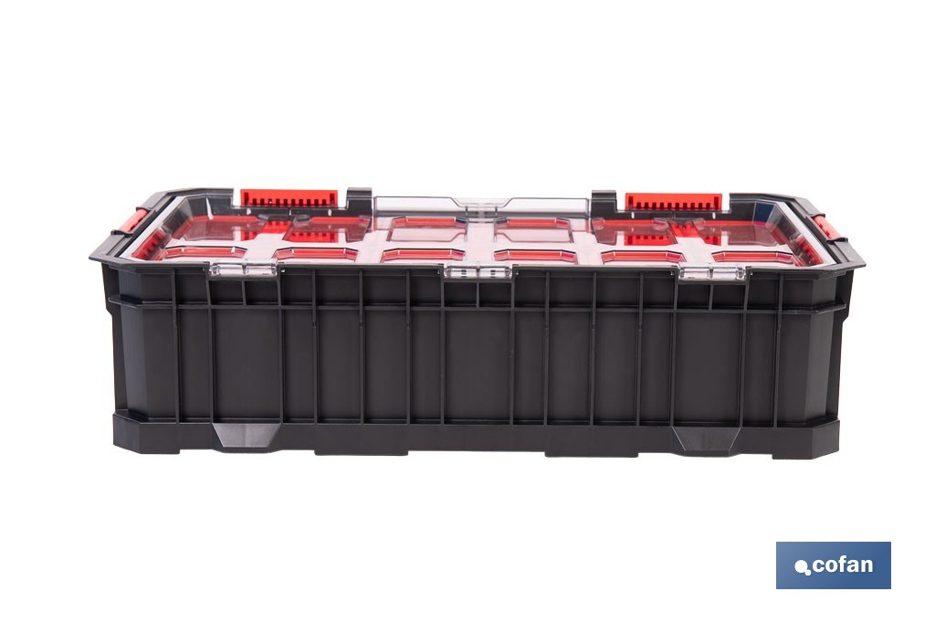 Caja de herramientas modular con organizadores | Tapa de policarbonato | Incluye 8 compartimentos | Capacidad de carga: 20 kg | Compatible con set modular | Medidas: 51,7 x 33,1 x 13,4 cm - Cofan