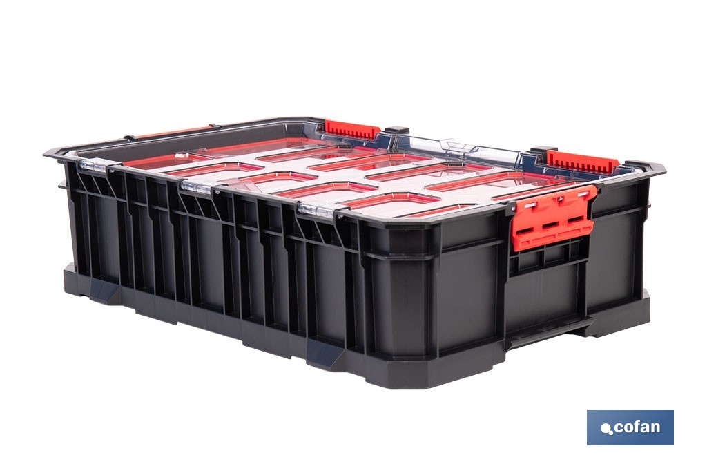 Caja de herramientas modular con organizadores | Tapa de policarbonato | Incluye 8 compartimentos | Capacidad de carga: 20 kg | Compatible con set modular | Medidas: 51,7 x 33,1 x 13,4 cm - Cofan