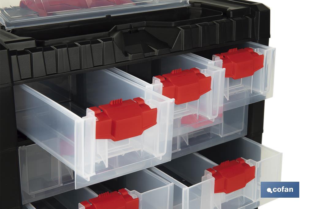 Storage bin organiser with 9 compartments for small tools and parts | Available in two different sizes - Cofan