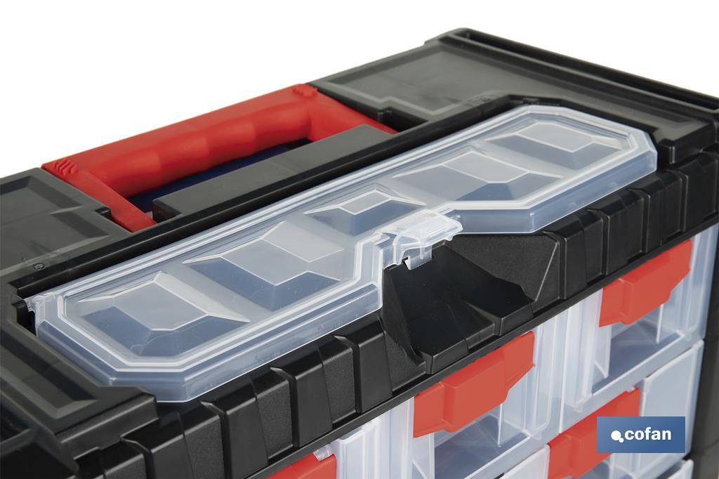 Storage bin organiser with 9 compartments for small tools and parts | Available in two different sizes - Cofan