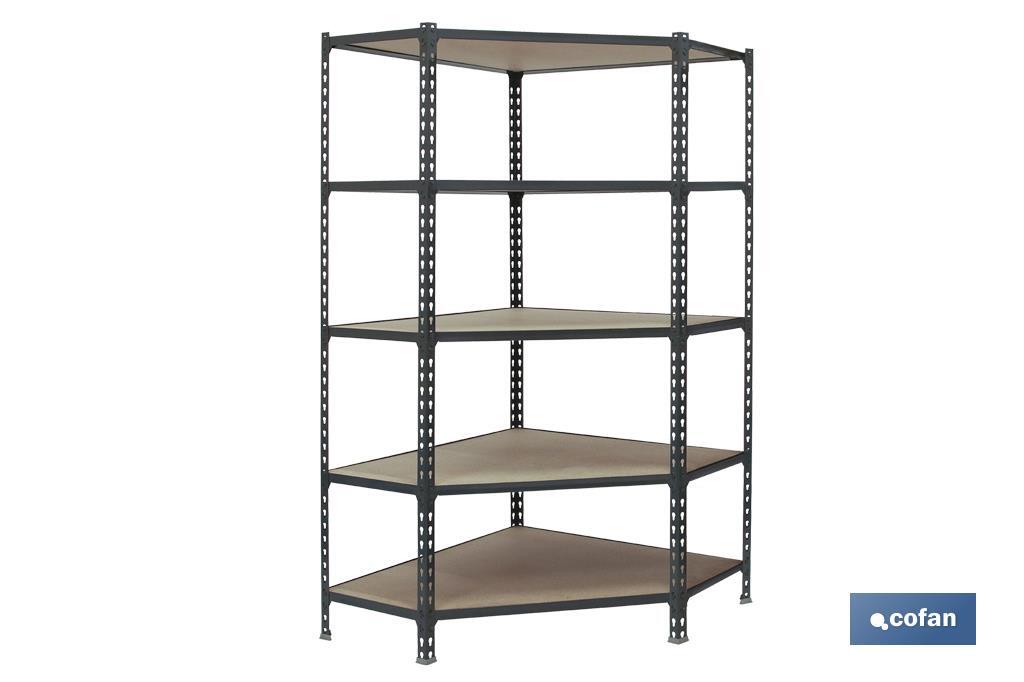 Corner shelving unit | Steel | Anthracite | Available with 5 wooden tiers | Size: 1,800 X 900 X 400MM - Cofan