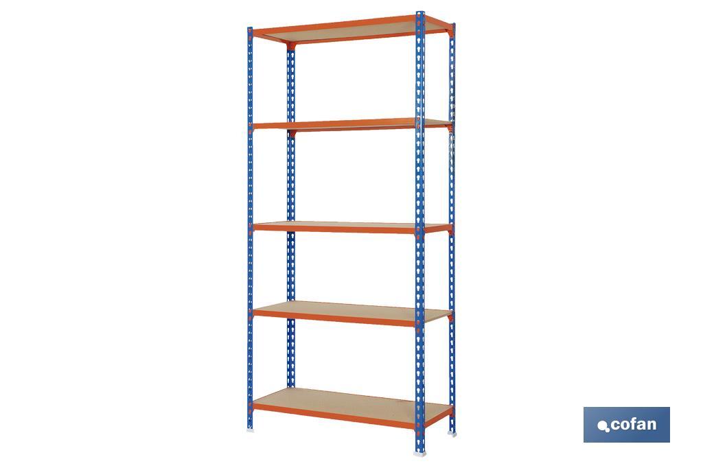 Steel shelving unit | Blue and orange | Available with 5 wooden tiers | Size: 2,000 X 1,000 X 500MM - Cofan