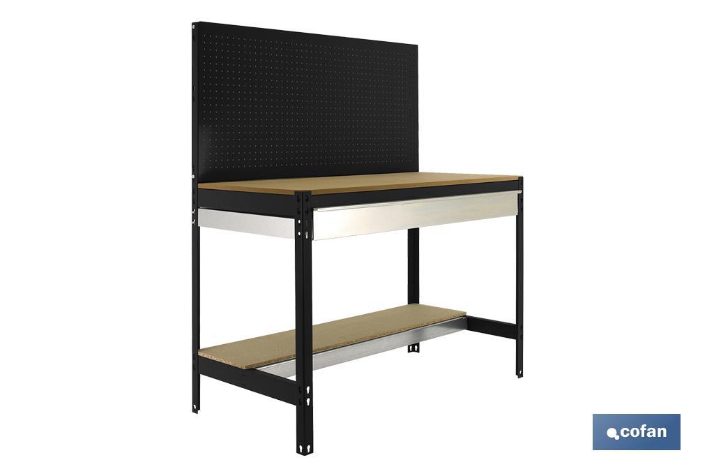 Workbench | With perforated tool panel and 2 wooden shelf boards and 1 drawer | Available in anthracite | Size: 1,445 X 1,210 X 610MM - Cofan