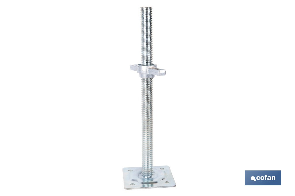 Base niveladora para andamio tubular | Husillo roscado de acero galvanizado 3,4 × 50 cm y placa 15 × 15 cm - Cofan