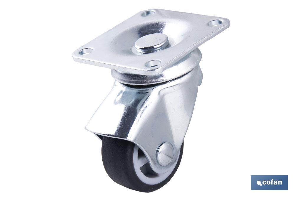 Rueda de goma gris con placa giratoria | Diámetros desde 30 mm hasta 40 mm | Para pesos desde 25 kg hasta 32 kg - Cofan