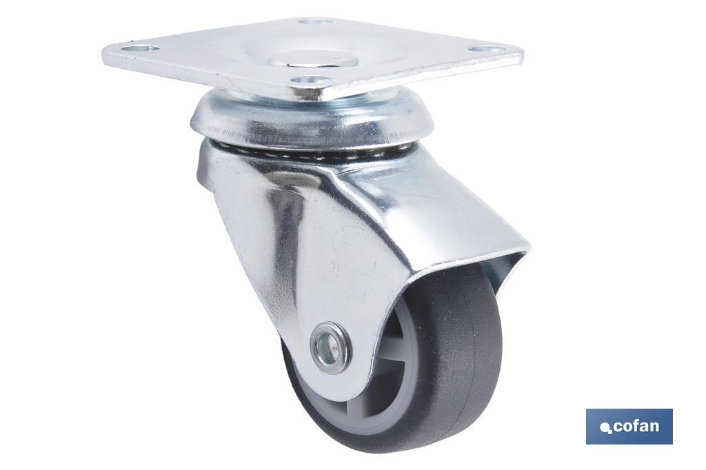 Rueda de goma gris con placa giratoria | Diámetros desde 30 mm hasta 40 mm | Para pesos desde 25 kg hasta 32 kg - Cofan