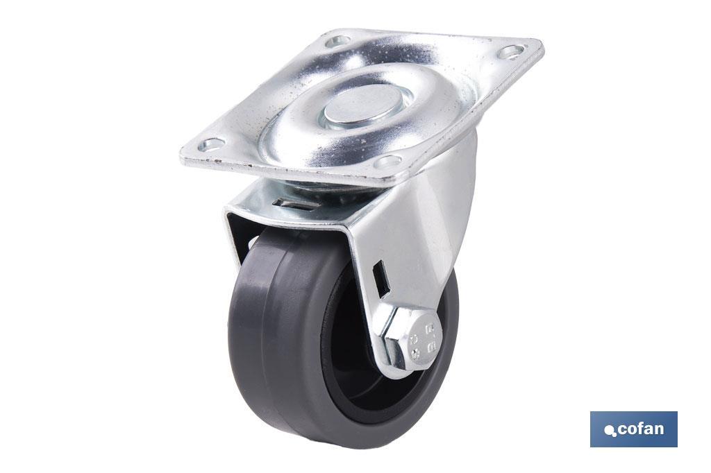 Rueda de goma gris con placa giratoria | Diámetros desde 30 mm hasta 40 mm | Para pesos desde 25 kg hasta 32 kg - Cofan
