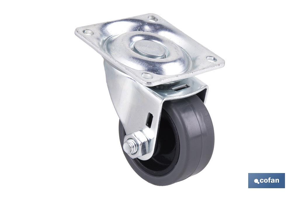 Rueda de goma gris con placa giratoria | Diámetros desde 30 mm hasta 40 mm | Para pesos desde 25 kg hasta 32 kg - Cofan