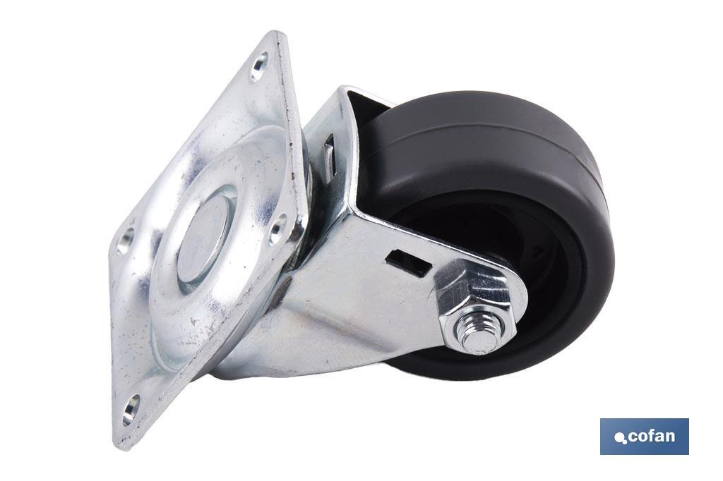 Rueda de goma gris con placa giratoria | Diámetros desde 30 mm hasta 40 mm | Para pesos desde 25 kg hasta 32 kg - Cofan