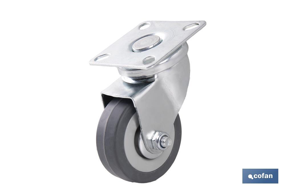Rueda de goma gris con placa giratoria | Diámetros desde 50 mm hasta 75 mm | Para pesos máximos desde 36 kg hasta 45 kg - Cofan