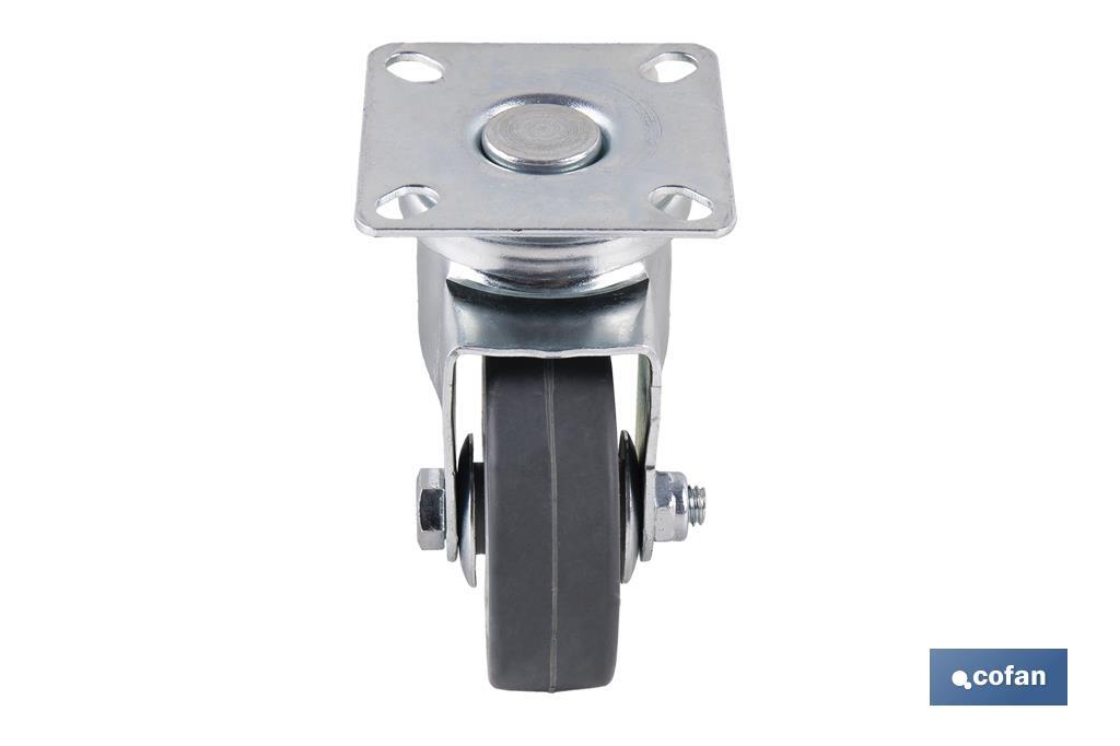 Rueda de goma gris con placa giratoria | Diámetros desde 50 mm hasta 75 mm | Para pesos máximos desde 36 kg hasta 45 kg - Cofan