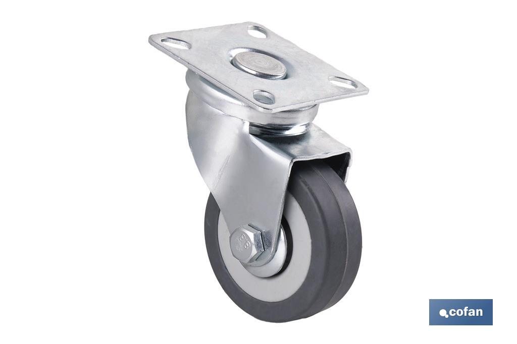 Rueda de goma gris con placa giratoria | Diámetros desde 50 mm hasta 75 mm | Para pesos máximos desde 36 kg hasta 45 kg - Cofan
