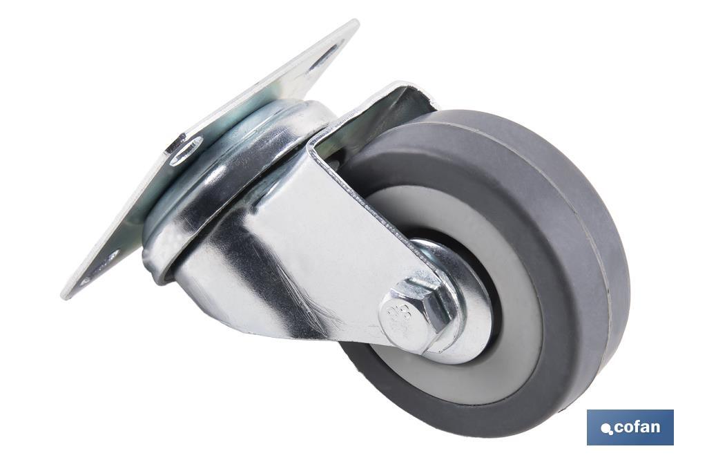 Rueda de goma gris con placa giratoria | Diámetros desde 50 mm hasta 75 mm | Para pesos máximos desde 36 kg hasta 45 kg - Cofan
