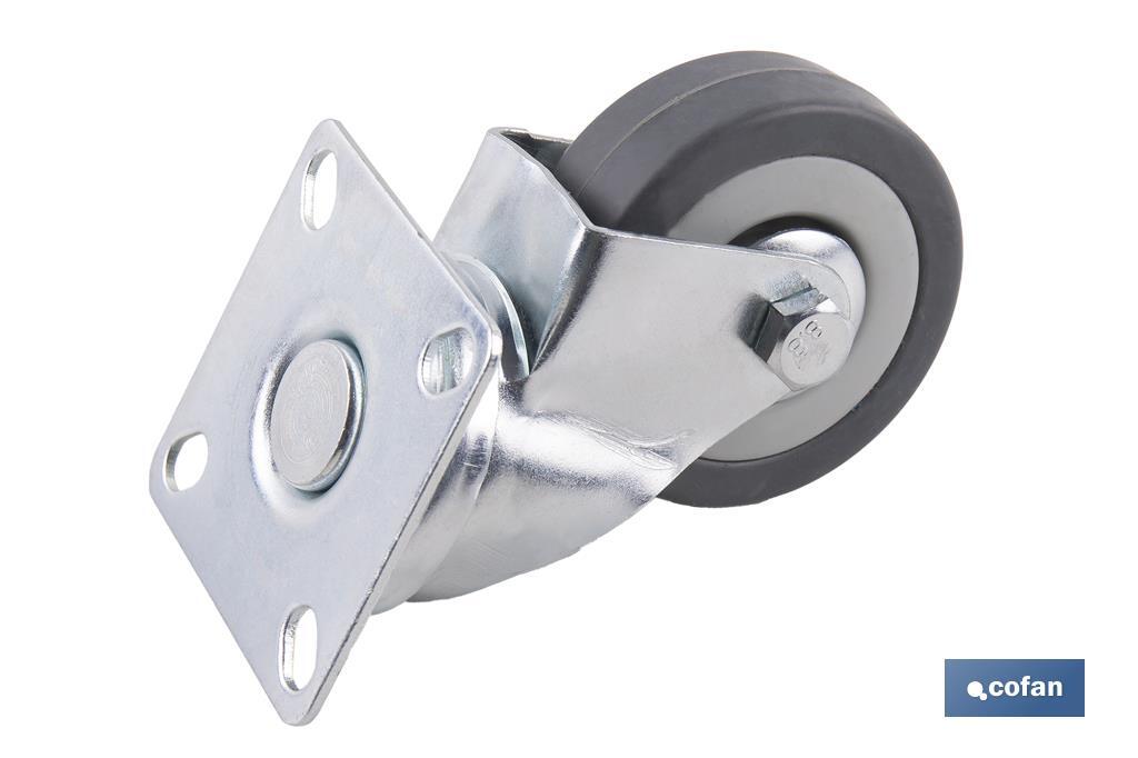Rueda de goma gris con placa giratoria | Diámetros desde 50 mm hasta 75 mm | Para pesos máximos desde 36 kg hasta 45 kg - Cofan