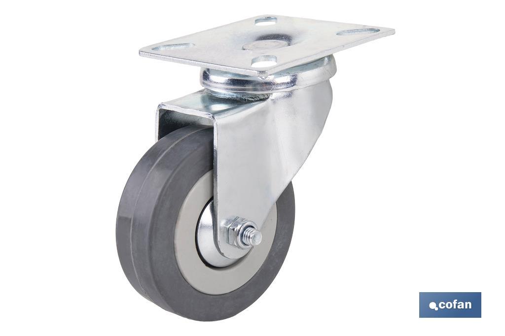 Rueda de goma gris con placa giratoria | Diámetros desde 50 mm hasta 75 mm | Para pesos máximos desde 36 kg hasta 45 kg - Cofan