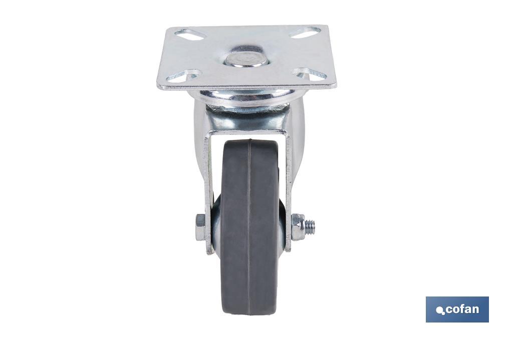 Rueda de goma gris con placa giratoria | Diámetros desde 50 mm hasta 75 mm | Para pesos máximos desde 36 kg hasta 45 kg - Cofan