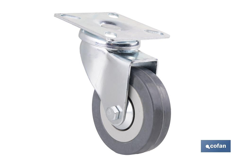 Rueda de goma gris con placa giratoria | Diámetros desde 50 mm hasta 75 mm | Para pesos máximos desde 36 kg hasta 45 kg - Cofan