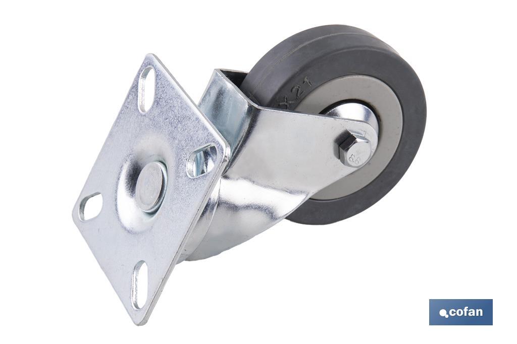 Rueda de goma gris con placa giratoria | Diámetros desde 50 mm hasta 75 mm | Para pesos máximos desde 36 kg hasta 45 kg - Cofan