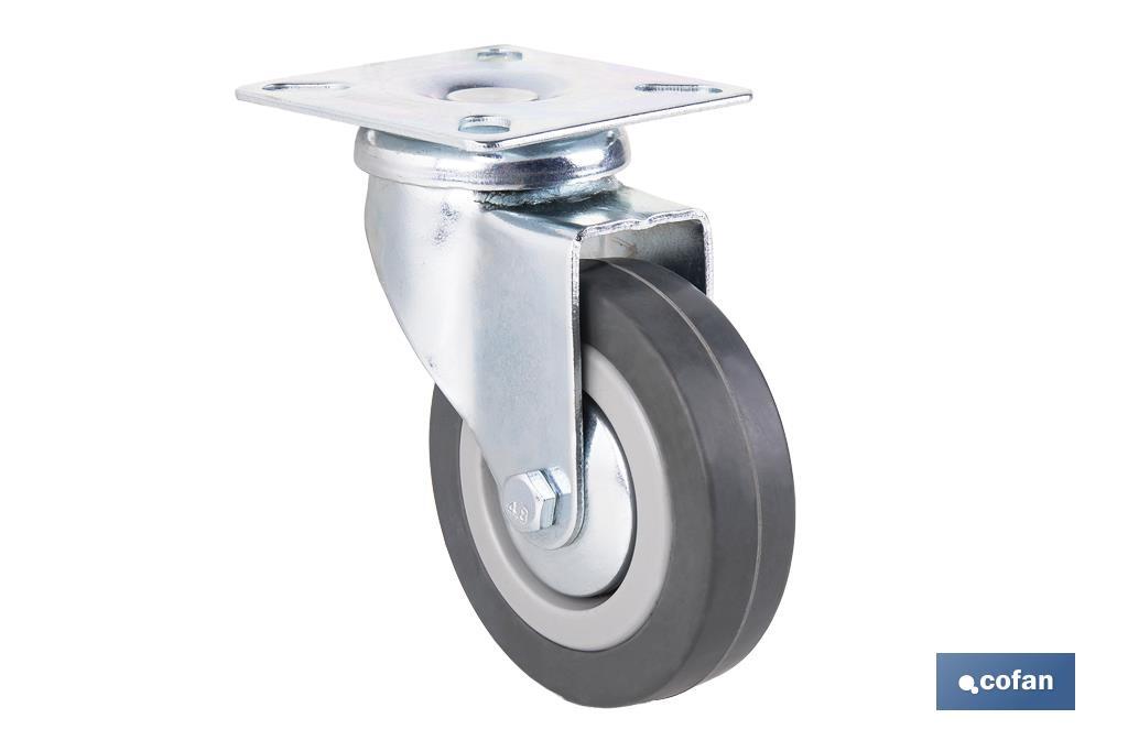 Rueda de goma gris con placa giratoria | Diámetros desde 50 mm hasta 75 mm | Para pesos máximos desde 36 kg hasta 45 kg - Cofan