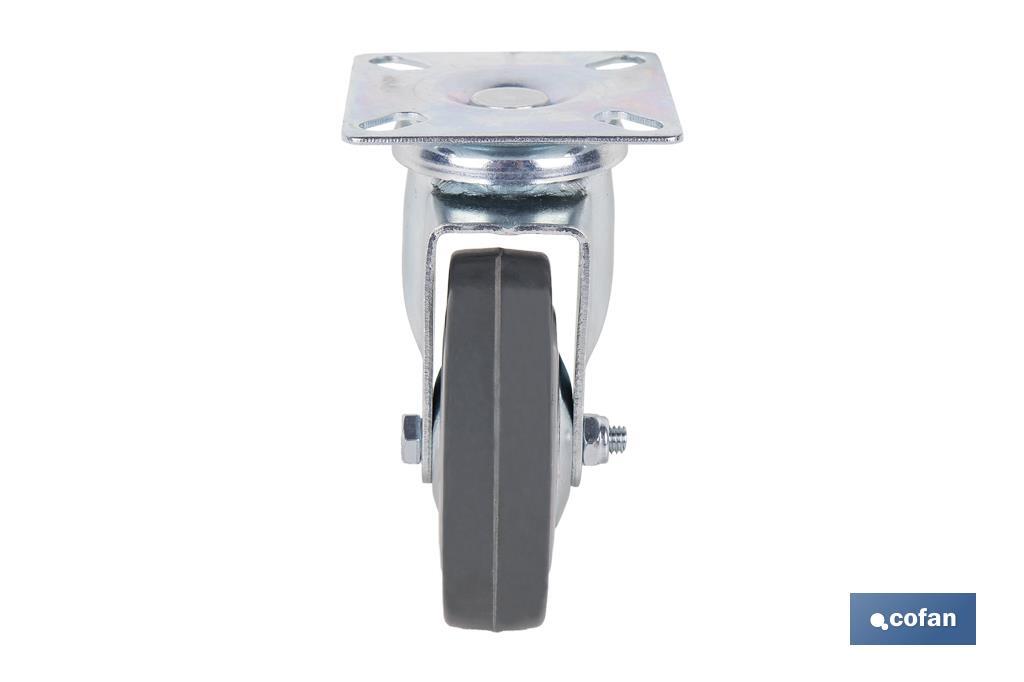 Rueda de goma gris con placa giratoria | Diámetros desde 50 mm hasta 75 mm | Para pesos máximos desde 36 kg hasta 45 kg - Cofan