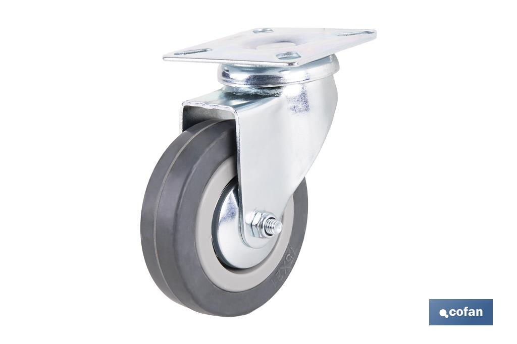 Rueda de goma gris con placa giratoria | Diámetros desde 50 mm hasta 75 mm | Para pesos máximos desde 36 kg hasta 45 kg - Cofan