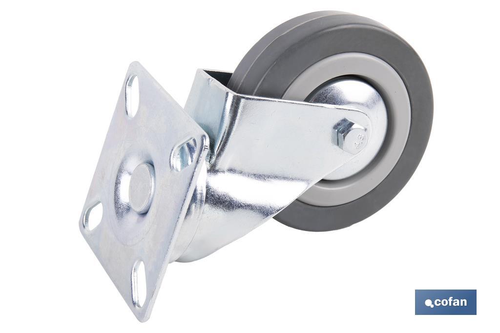 Rueda de goma gris con placa giratoria | Diámetros desde 50 mm hasta 75 mm | Para pesos máximos desde 36 kg hasta 45 kg - Cofan