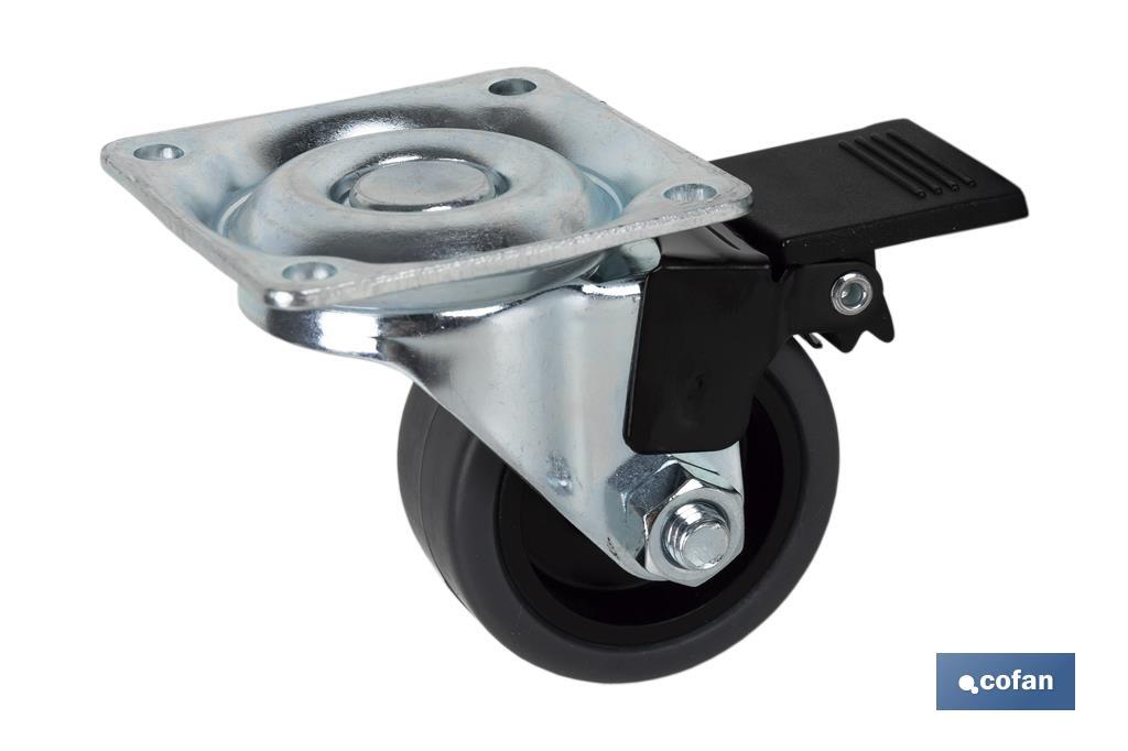 Roda de borracha cinza com placa giratória e travão | Diâmetros de 50 mm a 75 mm | Para pesos de 36 kg a 45 kg - Cofan
