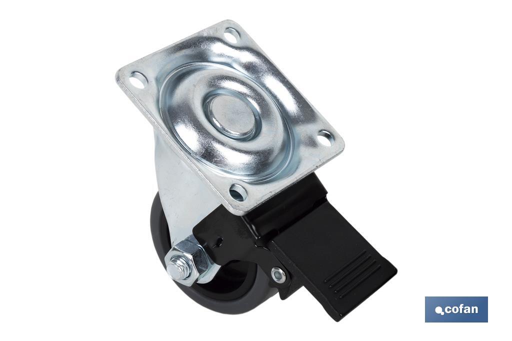 Roda de borracha cinza com placa giratória e travão | Diâmetros de 50 mm a 75 mm | Para pesos de 36 kg a 45 kg - Cofan