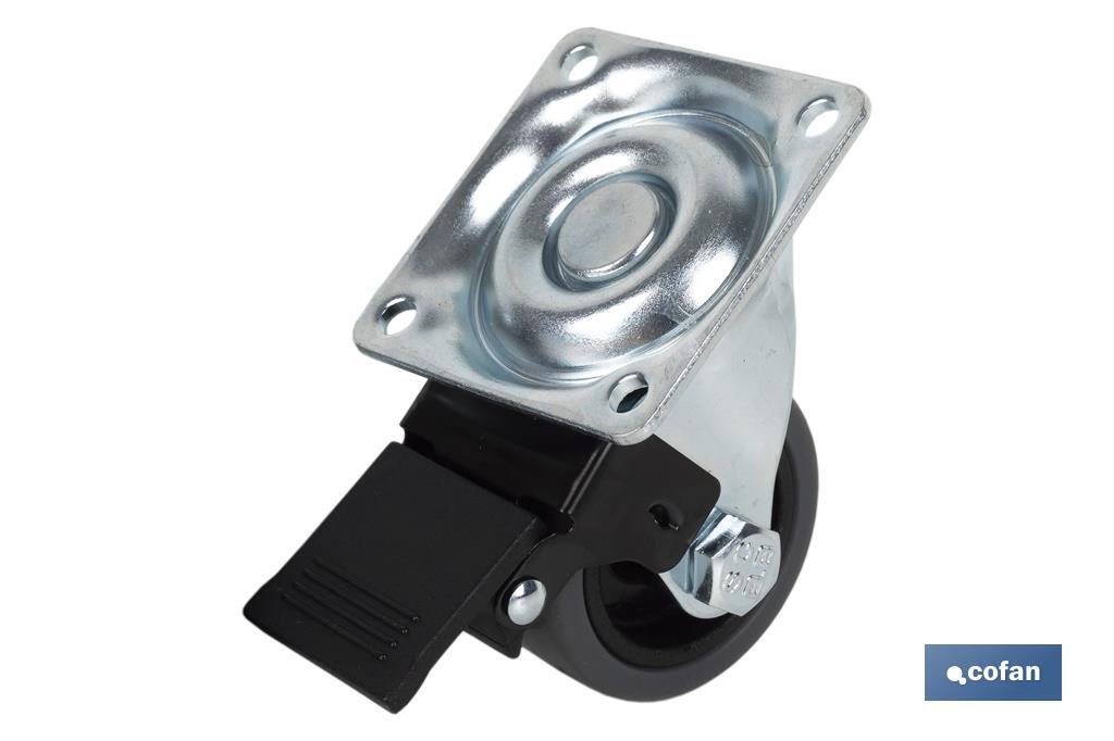 Roda de borracha cinza com placa giratória e travão | Diâmetros de 50 mm a 75 mm | Para pesos de 36 kg a 45 kg - Cofan